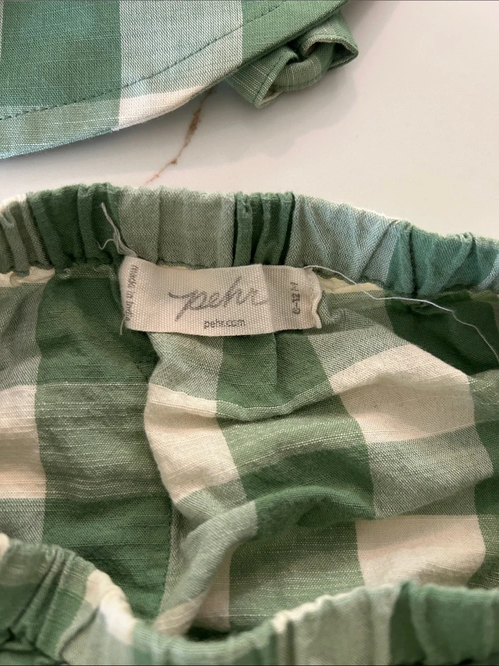 Pehr Green Gingham Baby Bucket Hat and diaper cover